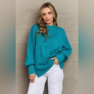 Zenana Comfort Awaits Slouchy Side Slit Sweater in Turquoise